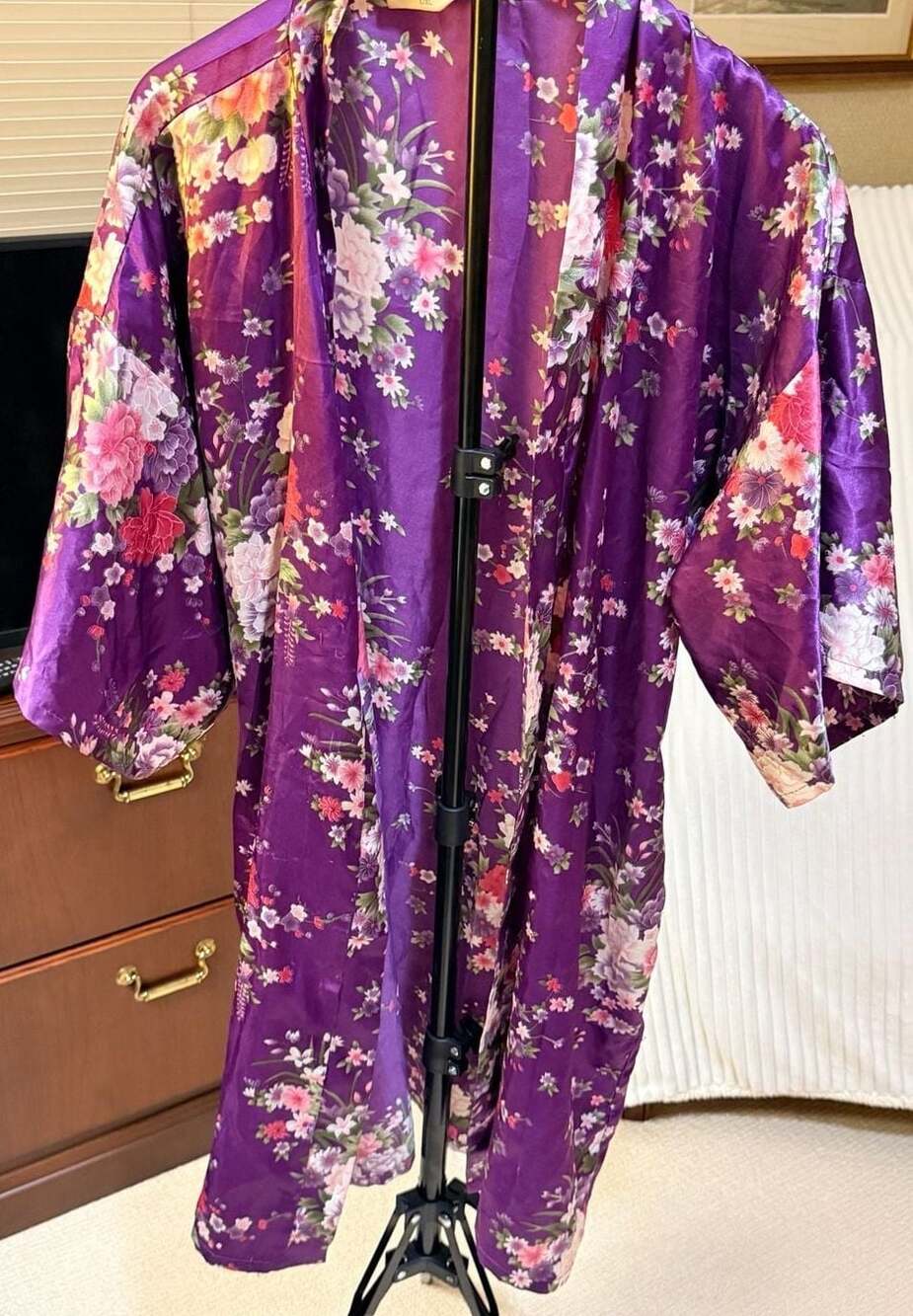 EPLAZA Purple Floral Satin Kimono Robe L/XL